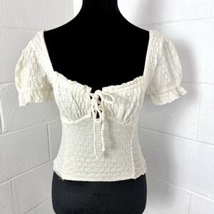 Romantic Cropped Babydoll Top Eyelet Corset Smocked Milkmaid Coquette Princess S
